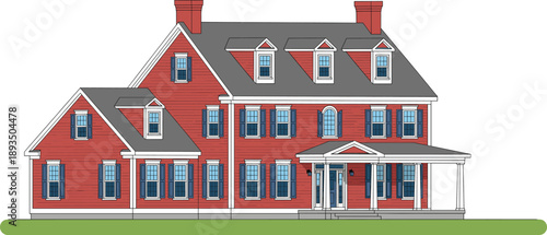 Large red suburban family house exterior with white trim windows porch and gabled roof architectural illustration isolated