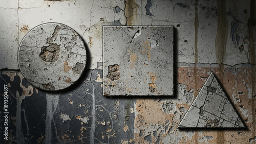 Three dimensional distressed geometric shapes on wall vector illustration.