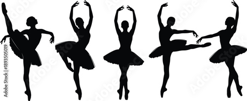 Ballet dancer silhouettes illustration, graceful female ballerinas in classical poses, elegant dance movement collection, black vector figures isolated on white background
