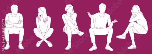 Minimal line art people sitting poses illustration with casual men and women characters for lifestyle communication concept modern design and human behavior visual reference