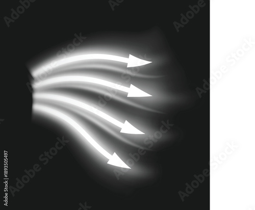 Air flow, white curve arrows showing wind direction of air movement, vector normal stream from an air conditioner