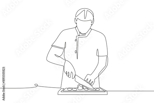 Man is preparing food. Meal preparation concept one-line drawing