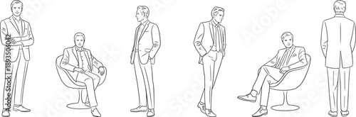 Minimal line art businessman character poses with standing and seated views wearing formal suit for corporate fashion illustration professional lifestyle and design reference