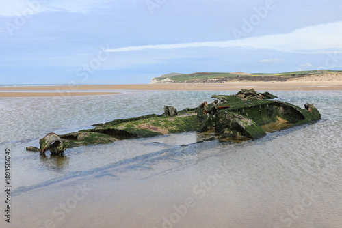 The ship wreck remains of the German World War One U-boat Submarine UC-61, stranded on the beach at Wissant, on the Opal Coast of Northern France.