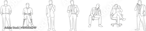 Minimal line art businessman character poses illustration with standing seated and thinking gestures in formal suit for corporate fashion business lifestyle and professional design concepts