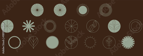 Minimal circular logo and badge symbols set with geometric lines and nature elements, modern abstract emblems collection, clean vector design on dark background
