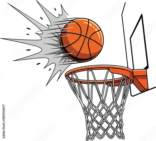 Dynamic basketball in motion, soaring towards the net with exhilarating speed