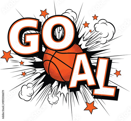 "goal" basketball pop art illustration with an explosive comic style burst and stars