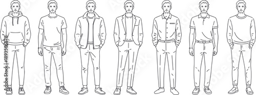 Line art male fashion model character set showing casual and formal outfits with standing poses for menswear illustration clothing design reference and modern style concepts