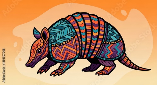 Colorful Armadillo Illustration with Tribal Patterns