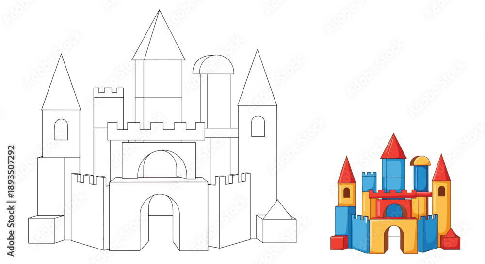 Fototapeta premium Kids coloring page with castle architecture illustration showing line art version and completed colorful toy block example.
