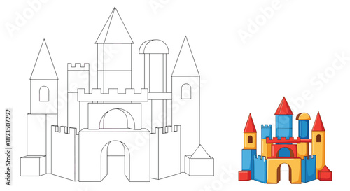 Kids coloring page with castle architecture illustration showing line art version and completed colorful toy block example.