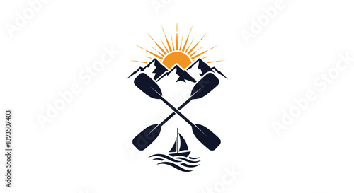 Outdoor adventure logo featuring a sun and mountains with crossed oars and a sailboat for lake and camping themes.