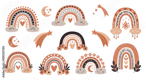 Set of hand-drawn boho style rainbows and moons with stars in earthy tones for nursery and baby shower decorations.