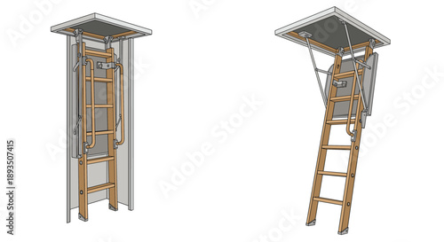 Wooden folding attic ladder in open and closed positions for home improvement and house construction 3D visualization.
