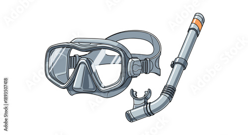 Modern scuba diving mask and snorkel set in grey and orange colors for underwater exploration and summer vacations.