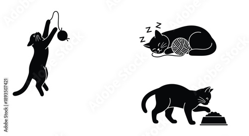 Collection of black silhouettes of a domestic cat playing with a yarn ball and sleeping and eating food from a bowl.