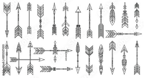 Extensive set of tribal ethnic arrows with various feather patterns and arrowhead designs presented in a detailed black and white line art format.