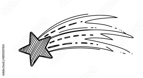 Hand drawn shooting star with a dynamic trailing tail shown in a detailed black and white line art style for astronomical or magical design uses.