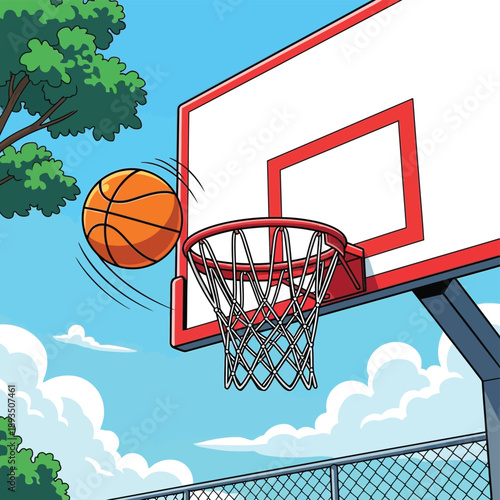 An orange basketball is about to swish through the net of an outdoor hoop on a sunny day