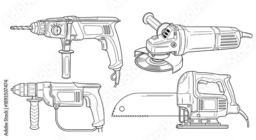 Collection of power tools including hammer drills an angle grinder and a jigsaw shown in a clean line art style for technical or educational use.