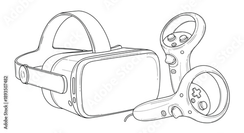 Virtual reality headset and hand controllers depicted in a line art style representing modern gaming and simulation technology for creative projects.