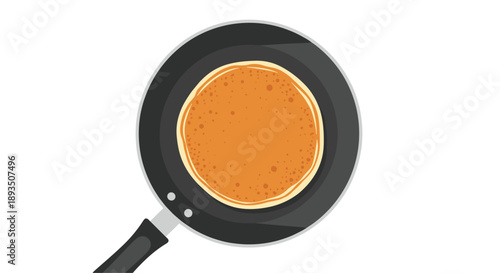 Single golden brown pancake cooking in a black non stick frying pan shown from a top down perspective for breakfast or culinary project themes.
