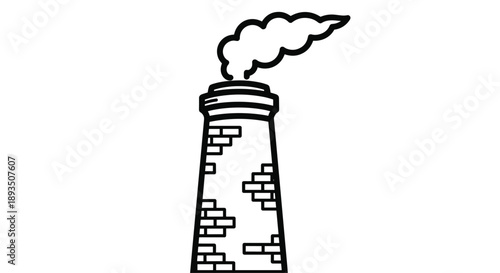 Tall brick factory chimney emitting a plume of smoke shown in a bold black and white graphic style for industrial or environmental themes.