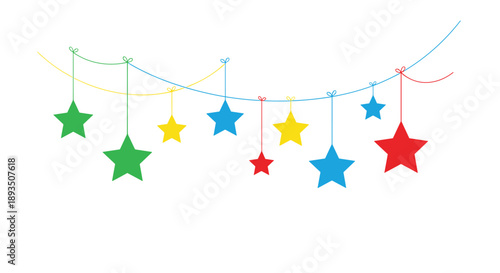 Whimsical string of colorful stars in green, blue, yellow, and red hanging from thin lines against a clean white background.