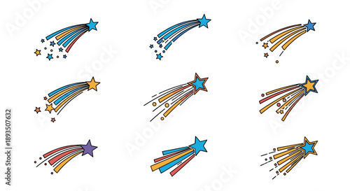 Diverse collection of colorful shooting star icons with various tail designs and combinations of blue, yellow, and red colors.