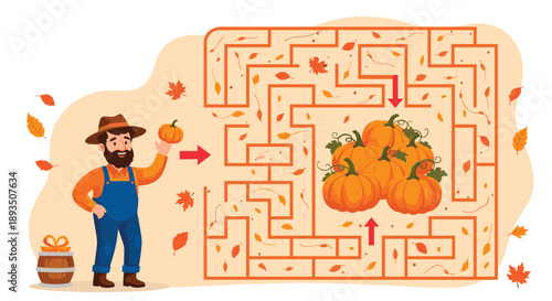 Educational autumn maze game for children featuring a friendly farmer holding a pumpkin and a path leading to a pile of harvest.