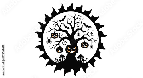 Spooky Halloween silhouette design featuring a gnarled tree decorated with carved pumpkins, bats, and spiders inside a jagged circle.