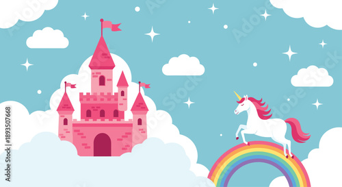 Magical dreamscape featuring a pink castle floating on white clouds and a white unicorn jumping over a vibrant rainbow in the sky.