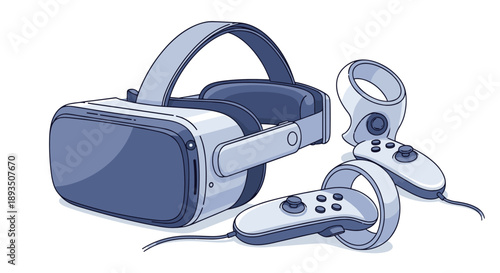 Modern virtual reality headset accompanied by two motion controllers rendered in a professional shaded illustration style.
