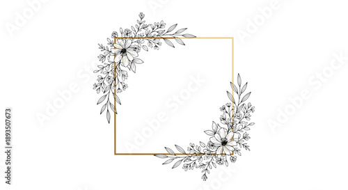 Elegant gold square frame decorated with intricate black and white floral line art drawings on two corners of the composition.