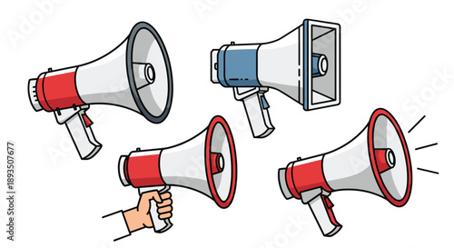 Selection of four megaphones in various colors and designs including one being gripped by a hand for announcement and communication.