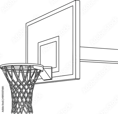 Minimalist line art illustration of a basketball hoop with a net and backboard