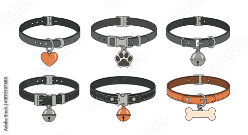 Collection of six pet collars in various colors and designs featuring decorative charms like a heart, paw print, bell, and bone.