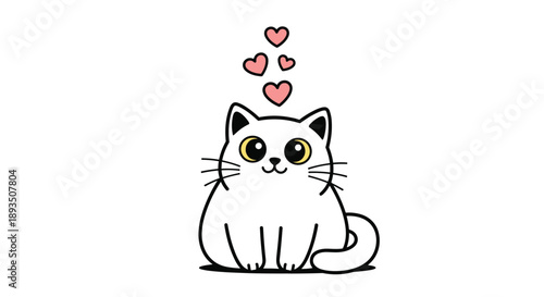Cute white fat cat sitting and looking forward with several small pink hearts floating above its head in a line.