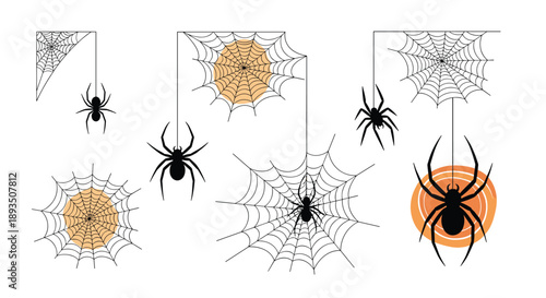 Collection of creepy black spiders in different sizes hanging from webs or crawling on orange circular backgrounds.