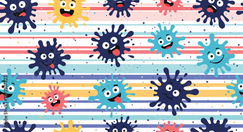 Fun seamless pattern of colorful cartoon splatter monsters with silly facial expressions on a striped background.