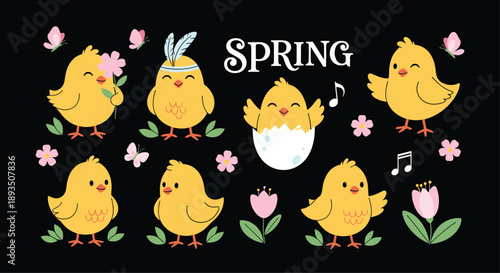 Cheerful spring-themed illustration with yellow chicks, flowers, butterflies, and a hatching egg on black paper.