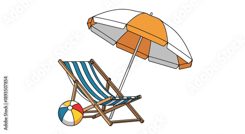 Relaxing summer beach scene with a blue and white striped lounge chair, colorful beach ball, and sun umbrella.