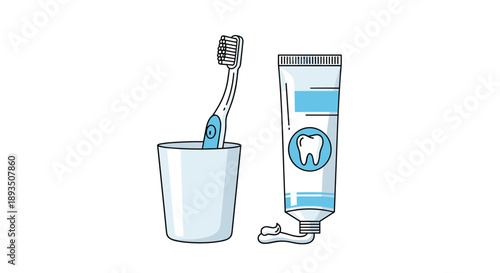 Essential daily dental hygiene items including a toothbrush in a cup and a tube of toothpaste with a tooth icon.