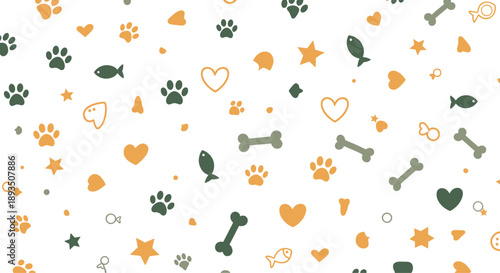 Pattern of pet-themed icons like paw prints, bones, hearts, and fish scattered across a white background space.