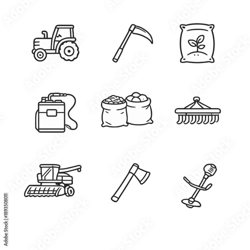 Ikon-ikon terkait pertanian dan perkebunan: set ikon vektor tipis, kit hitam putih.