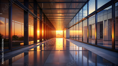Modern architectural interior at sunrise: a sleek glass-walled corridor in a contemporary office building, floor-to-ceiling windows reflecting warm golden sunlight, long clean lines