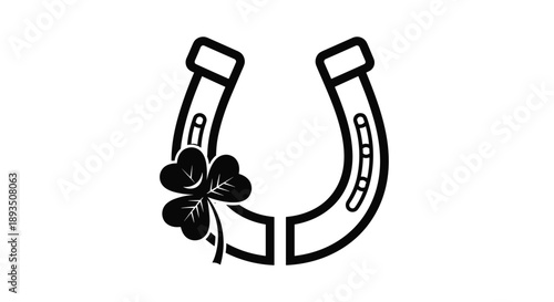 Simple black and white lucky charm icon of a horseshoe combined with a three-leaf clover plant decoration.