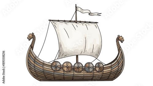 Viking Ship Sailing on Calm Waters with Sails Unfurled and Oars Stored, Illustration of Historical Maritime Scene