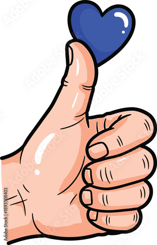 A hand showing a thumbs up gesture with a vibrant blue heart instead of a thumb